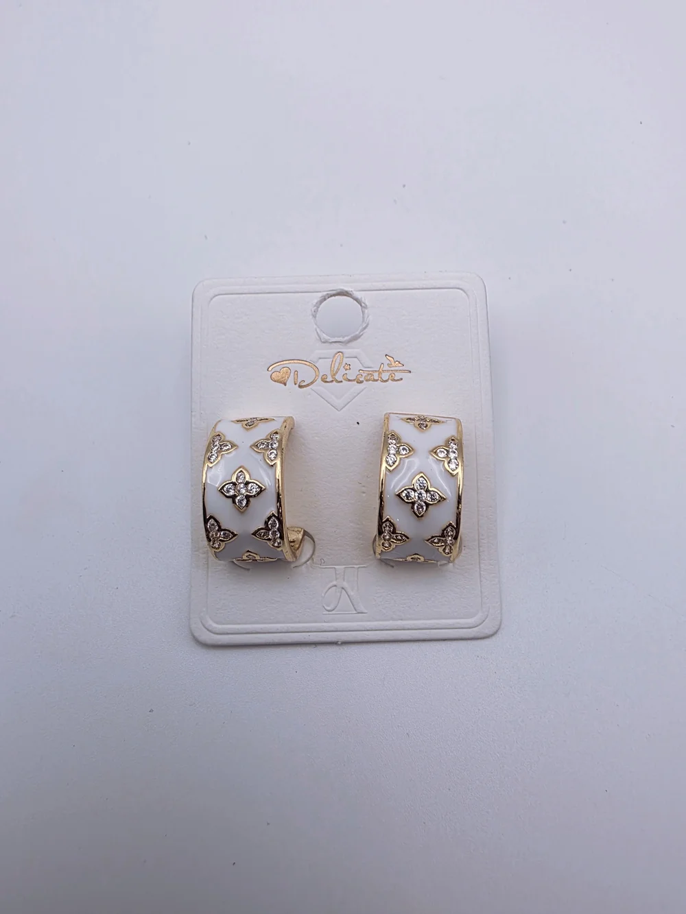 delicates White and Gold Floral Enamel Hoop Earrings
